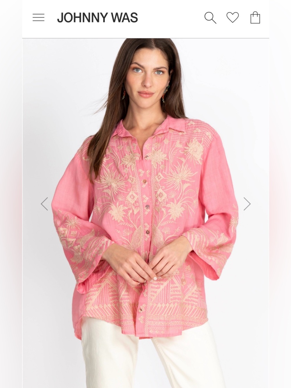 Johnny Was Devere Kimono Sleeve Shirt Pink Size Large